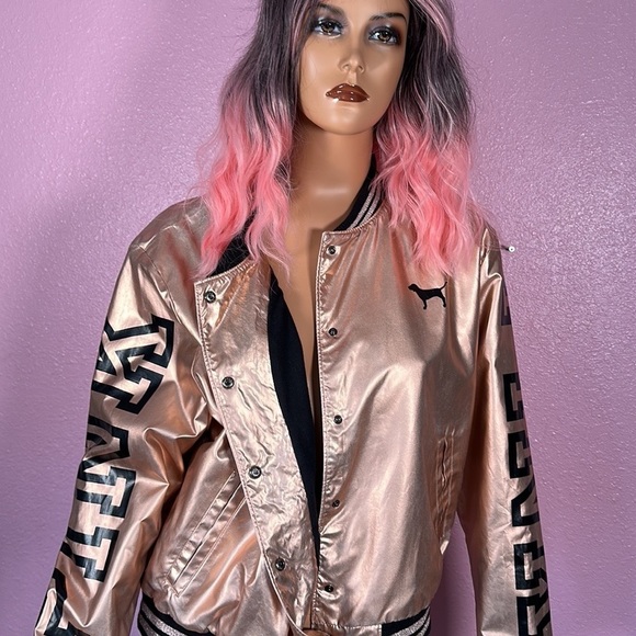 VICTORIA SECRET Vintage Pink metallic bomber Varsity jacket relaxed fit pretty - Picture 13 of 16